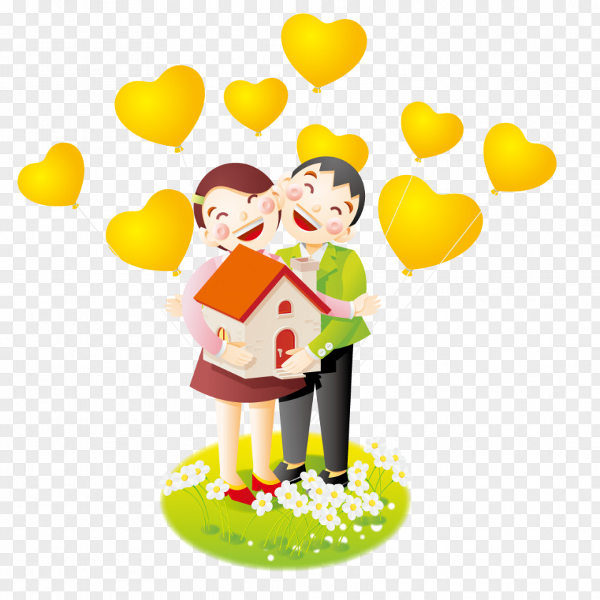 Loving Couple Holding House Cartoon Illustration PNG