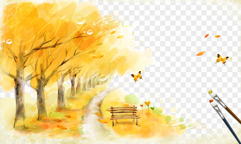 Autumn Leaves Bench Fukei Illustration PNG