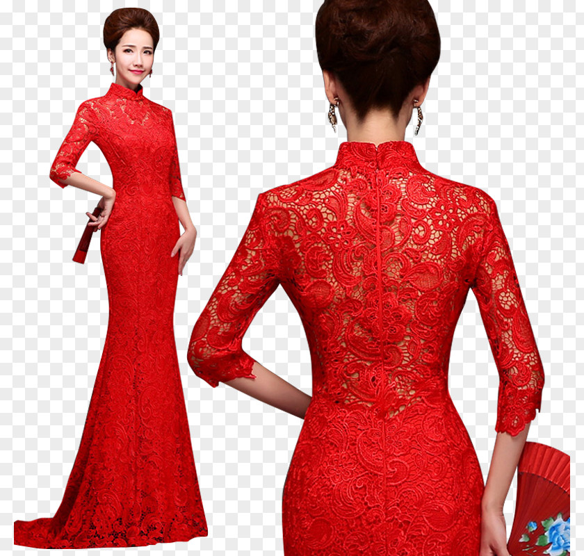 Red Lace Wedding Dress Sleeve Cheongsam Mandarin Collar PNG