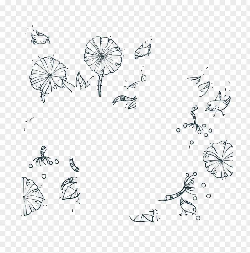 Floating Flower Bird White Graphic Design Black Pattern PNG