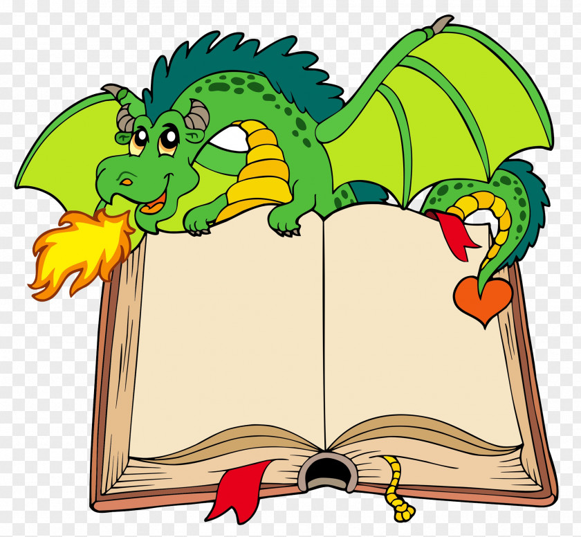 A Fiery Dragon Holding Book And Spitting Fire Cartoon Clip Art PNG