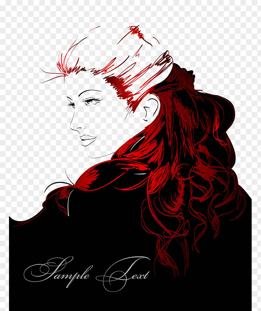 Hand-painted Woman With Long Hair Drawing Cartoon Illustration PNG