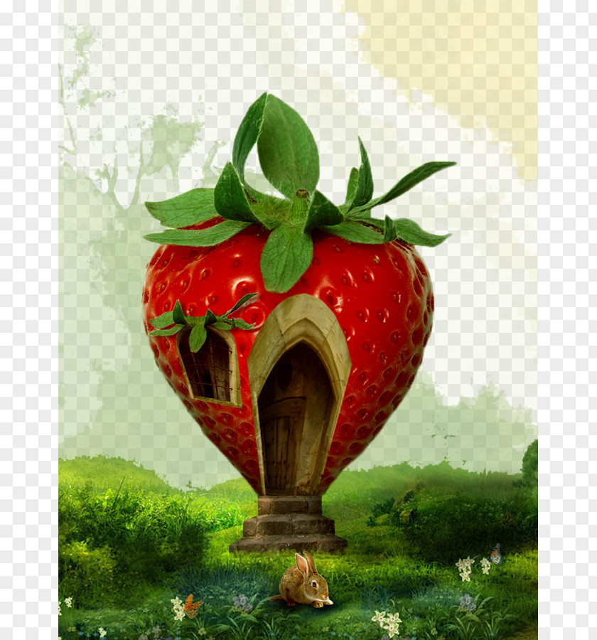 Cute Cartoon Strawberry House Background Fruit PNG
