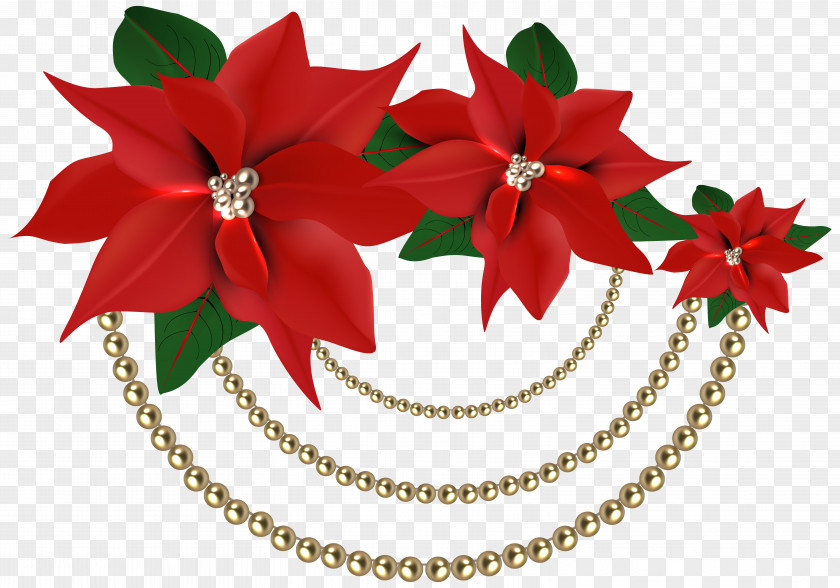 Decorative Christmas Poinsettias With Pearls Clipart Image Poinsettia Decoration Clip Art PNG