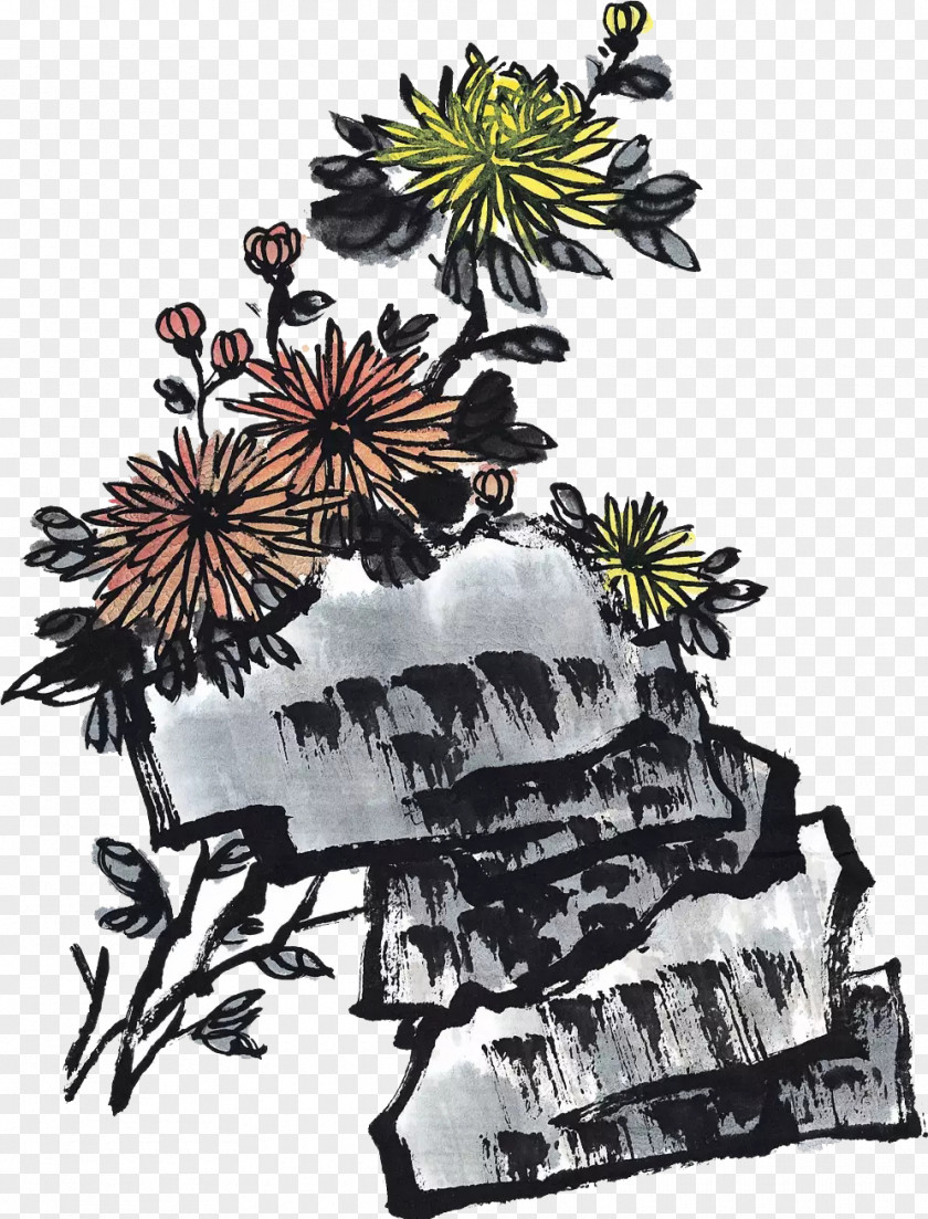 Watercolor Chrysanthemum Ink Wash Painting Four Gentlemen Flower PNG