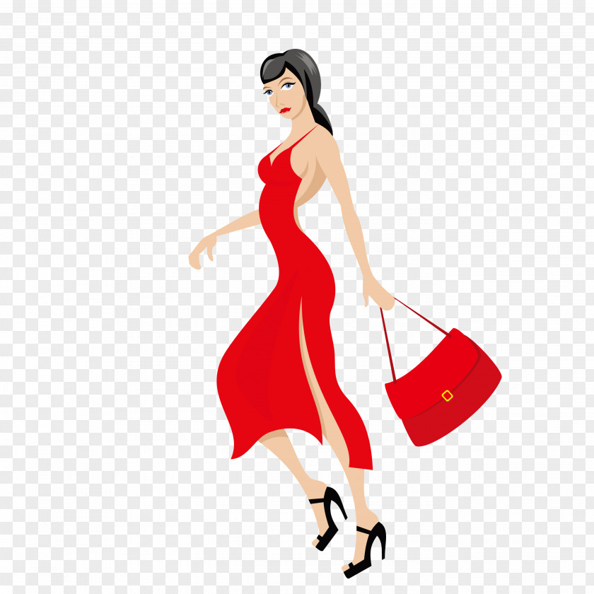 Wearing A Red Dress Women's Fashion Drawing PNG