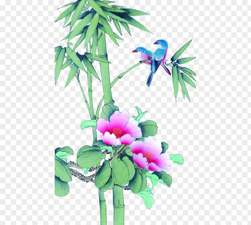 Bamboo Flower And Bird Painting Chinese Photography Art PNG