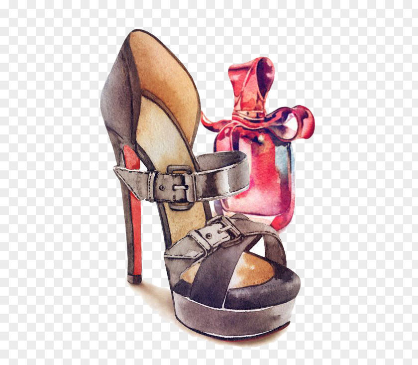 Hand-painted Watercolor Ms. Sandals Perfume Slipper High-heeled Footwear Shoe Sandal PNG