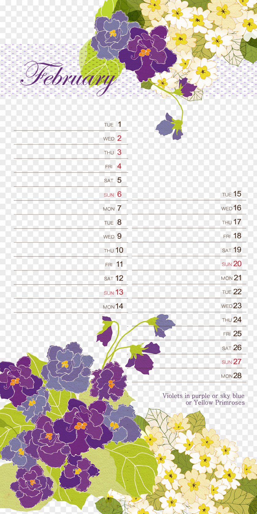 February Calendar Background Pattern Template Floral Design Text Flower PNG