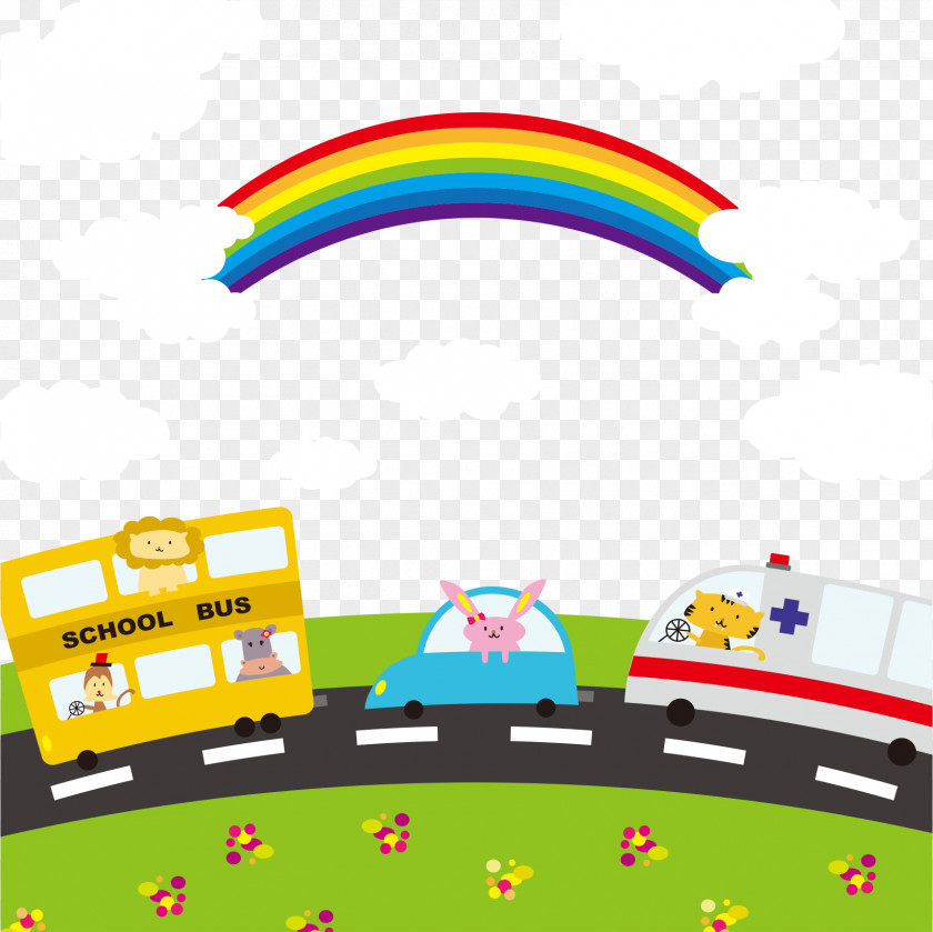 Vector Cartoon School Bus With Rainbow Clip Art PNG