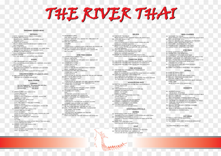 Menu Thai Cuisine The River Take-out Restaurant Pad PNG