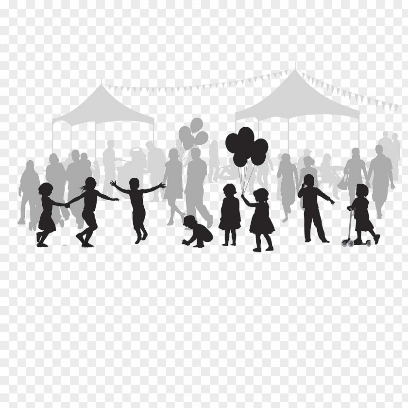 The Amusement Park Is Crowded With People Silhouette Drawing Cartoon Illustration PNG