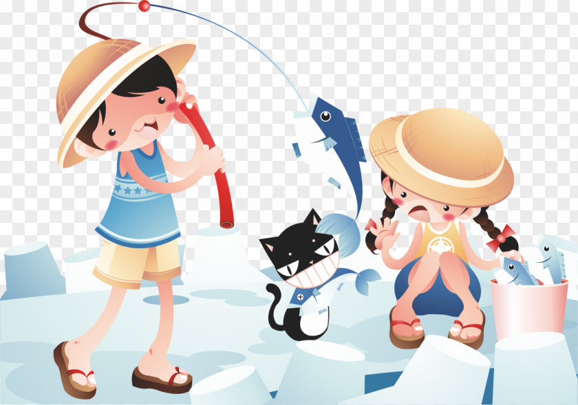 And A Small Black Cat To Go Fishing Cartoon Illustration PNG