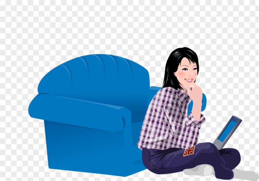 Blue Sofa Watching The Tablet Vector Woman Royalty-free Illustration PNG