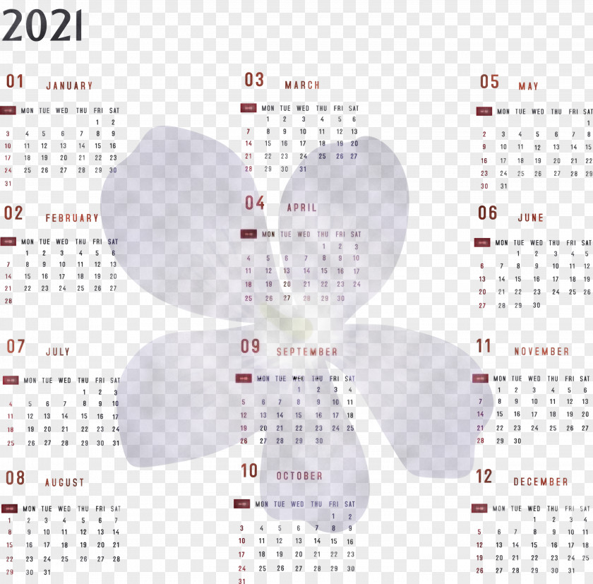 Year 2021 Calendar Printable Yearly Full PNG