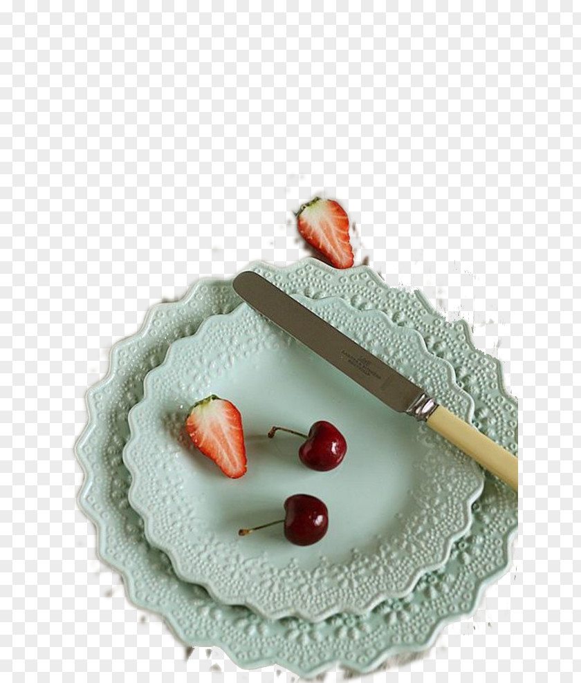 Blue Ceramic Plate Strawberry Cherry Tableware PNG