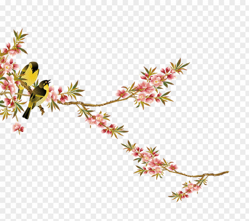 Meticulous Ancient Peach Bird Fishing Flower Download PNG
