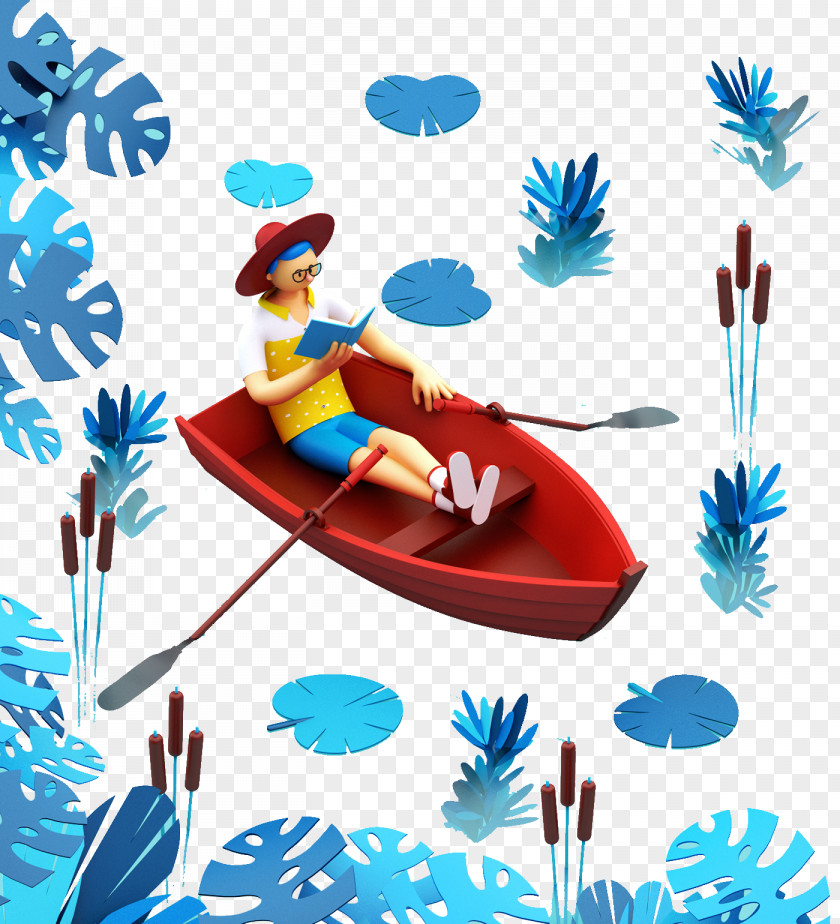 Cartoon Three-dimensional Stereoscopic Lotus Leaf Boat People Illustrator 3D Computer Graphics Behance Illustration PNG