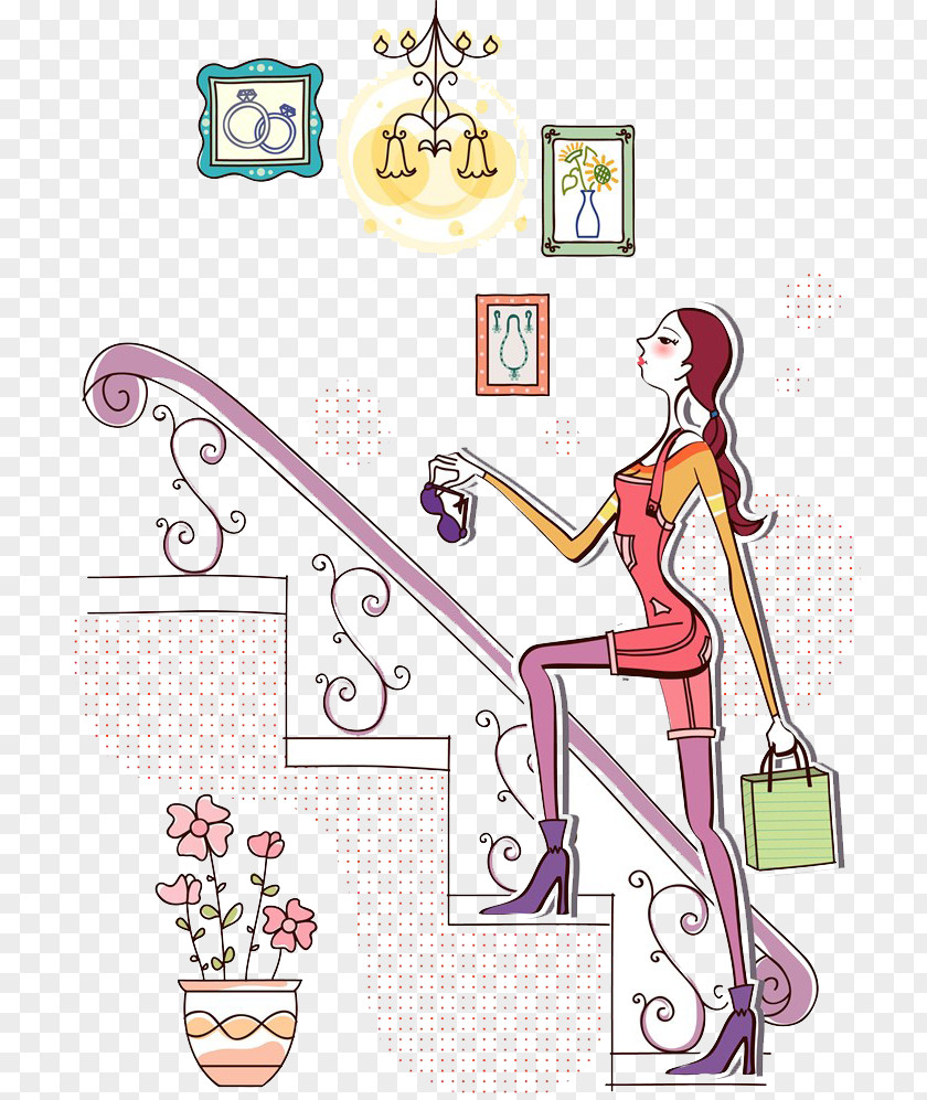 Cartoon Woman On Stairs Shopping Fashion PNG