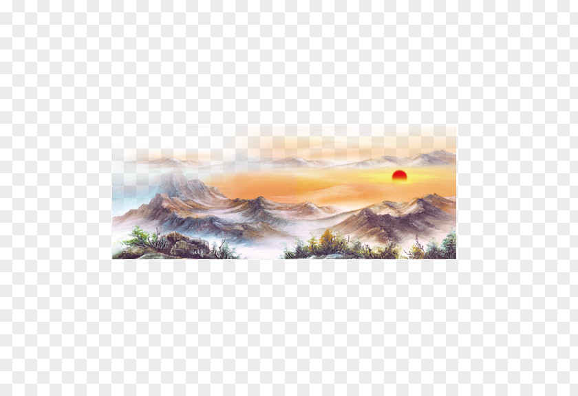 Sunrise Mountains Painting Shan Shui Wall PNG