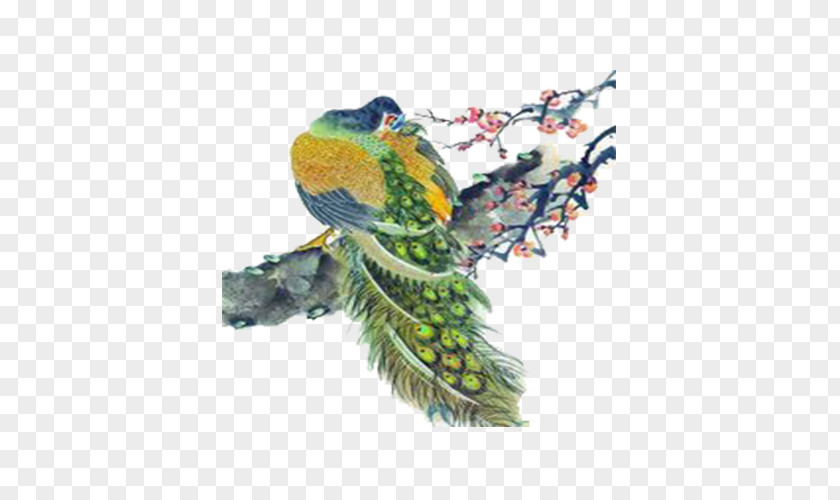Peacock Standing Branches Painting PNG