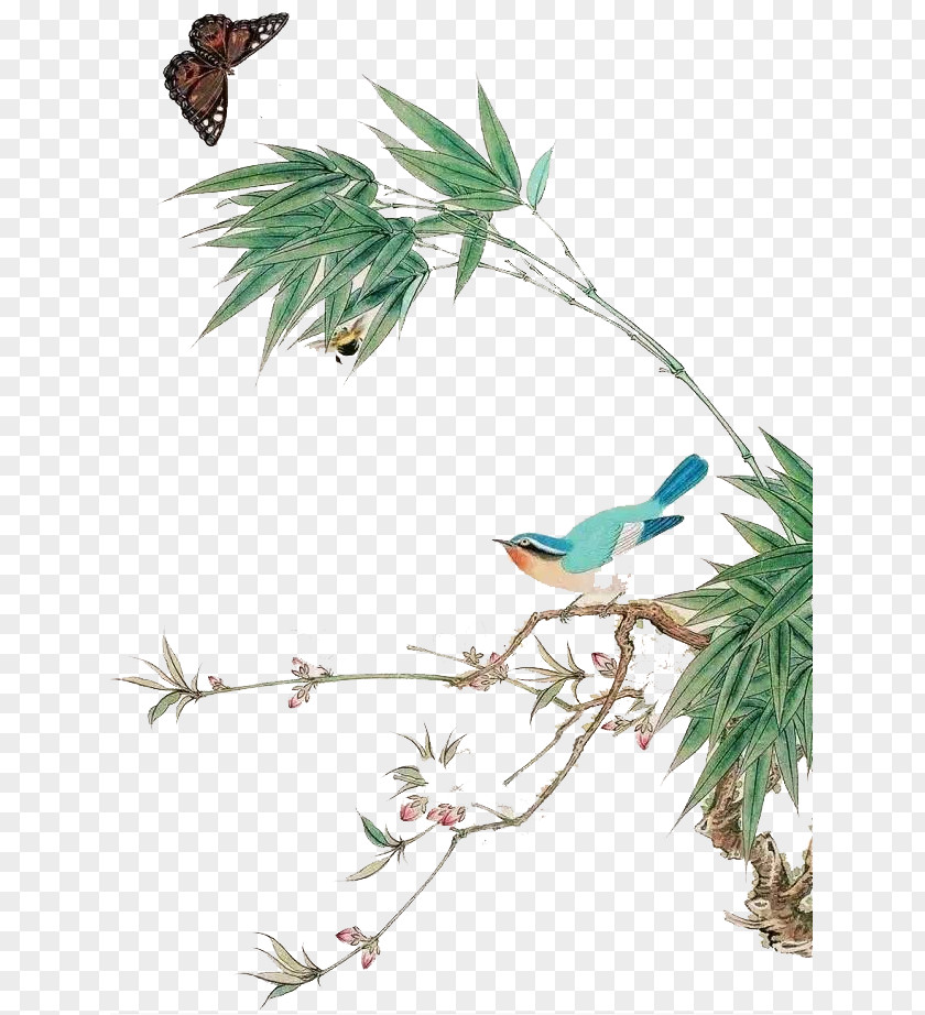 Hand-painted Flowers And Birds Painted Bamboo Chinoiserie Bird-and-flower Painting PNG