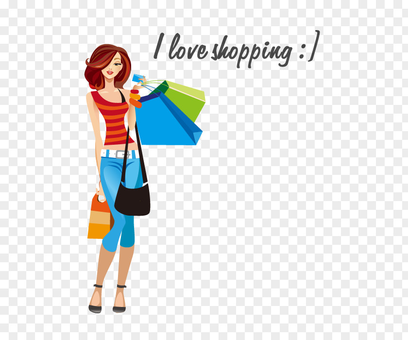 Vector Cartoon Painted Women Shopping T-shirt Woman Clip Art PNG