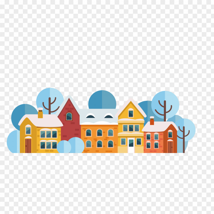 Vector Snow And Houses Santa Claus Christmas Card Flat Design PNG