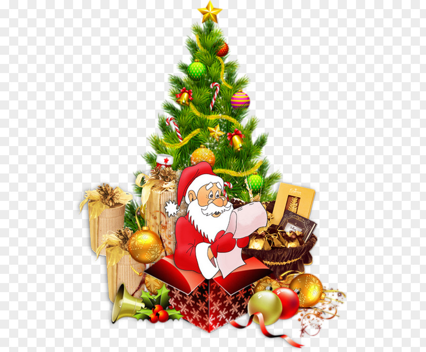 Cartoon Santa Claus And Christmas Tree Decoration Clip Art PNG