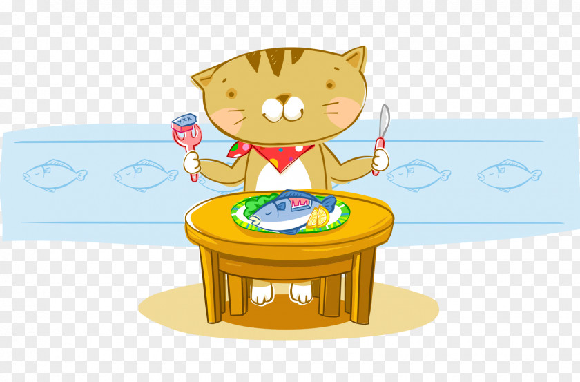 Hand-painted Cartoon Cat Took Fish Knife And Fork Eating PNG