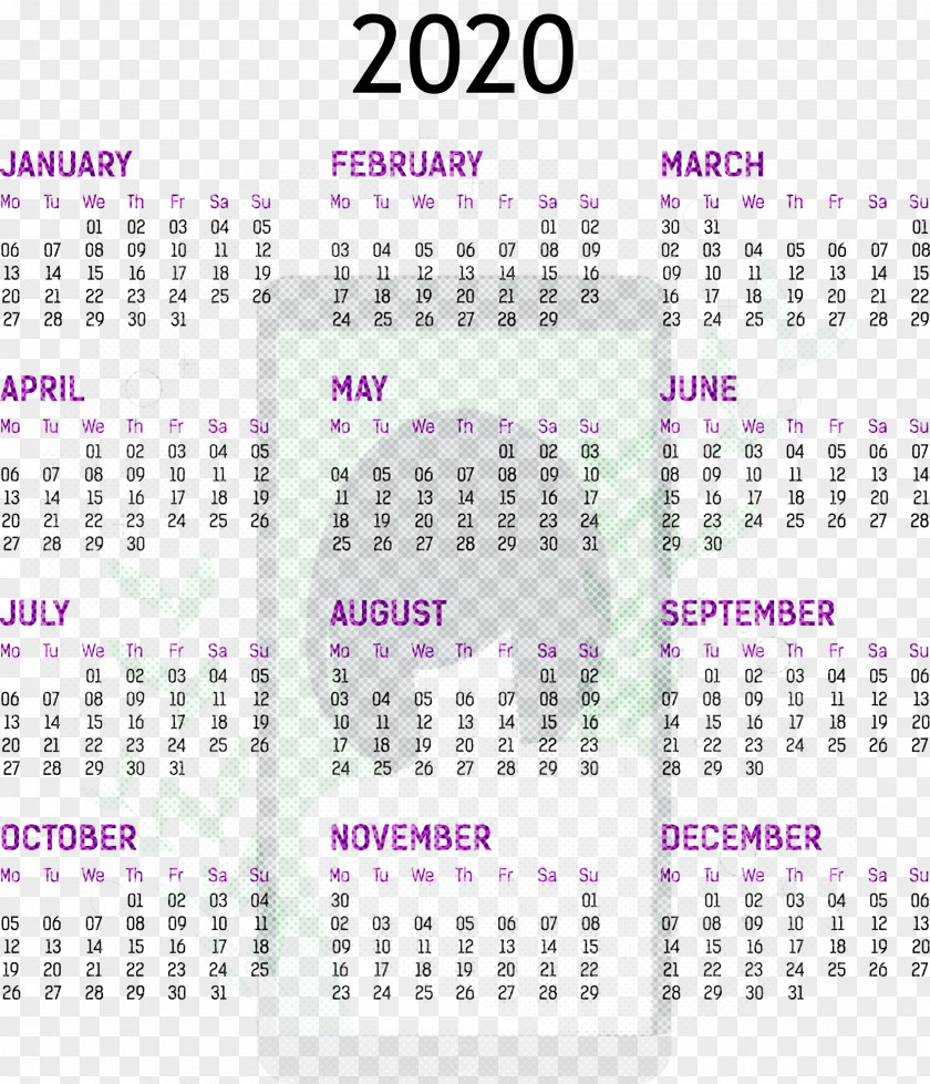 2020 Yearly Calendar Printable Template Full Year PNG