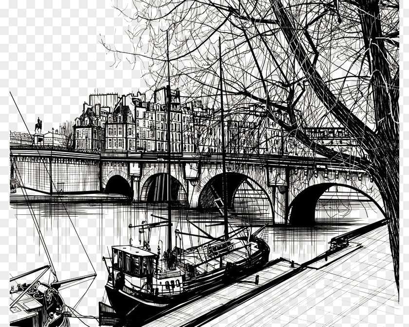 Bridge Creek Boat Line Drawing Freehand Painting Background Pont Neuf Xcele De La Citxe9 Illustration PNG