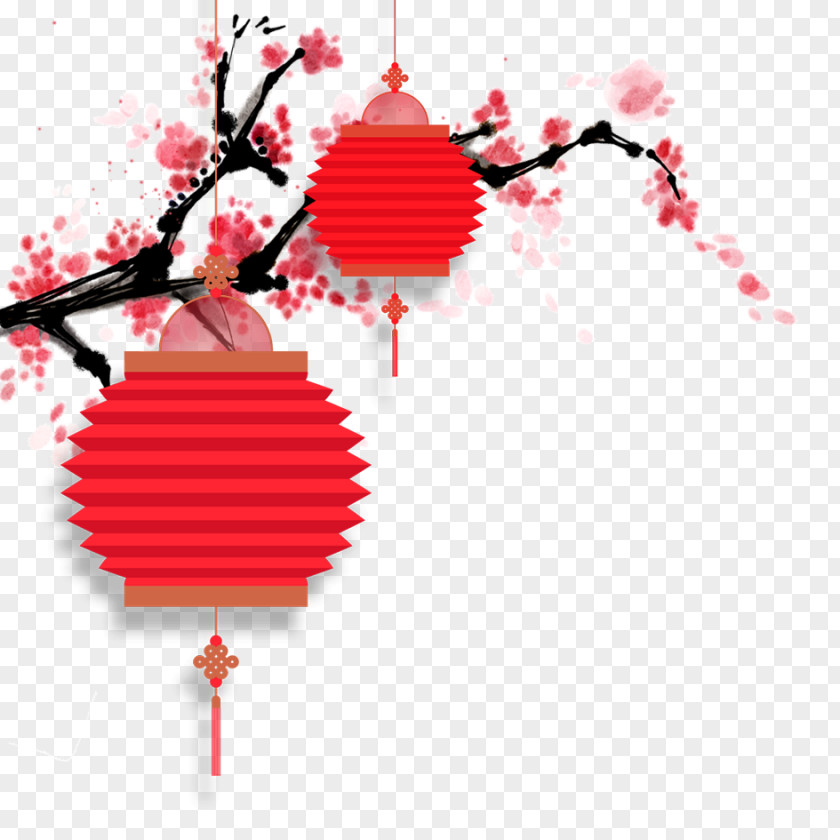 Plum Lantern Material Blossom Ink Wash Painting PNG
