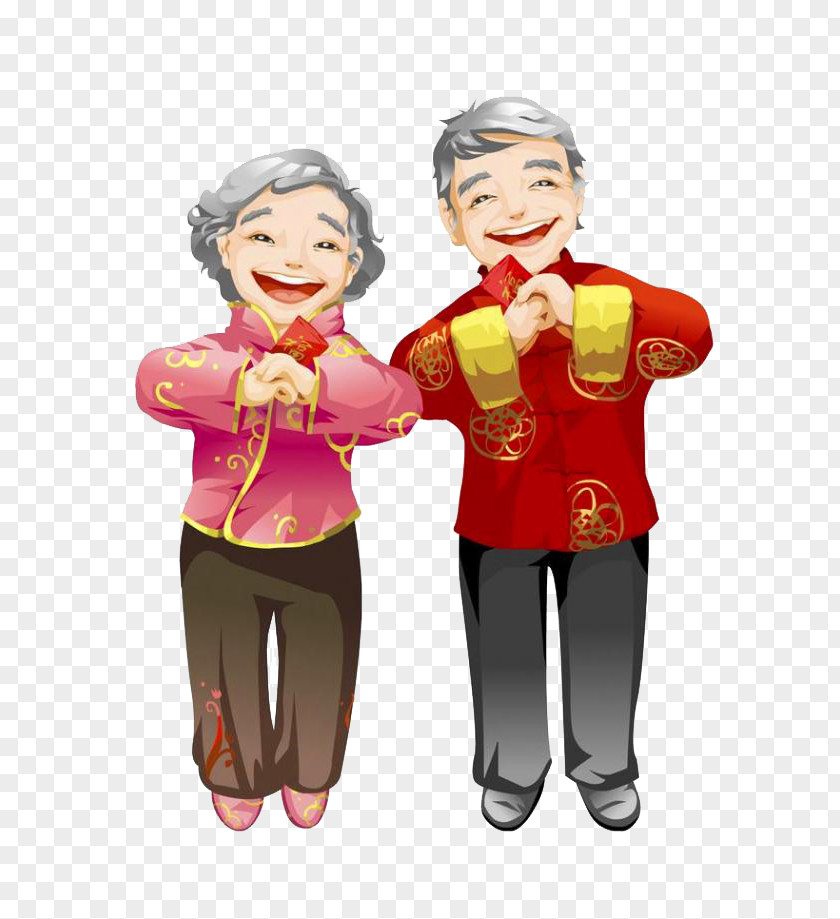 Grandfather Grandmother Happy New Year Senior Couple Chinese Red Envelope Illustration PNG