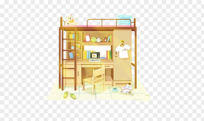 Bed And Desk Cartoon Dormitory Illustration PNG