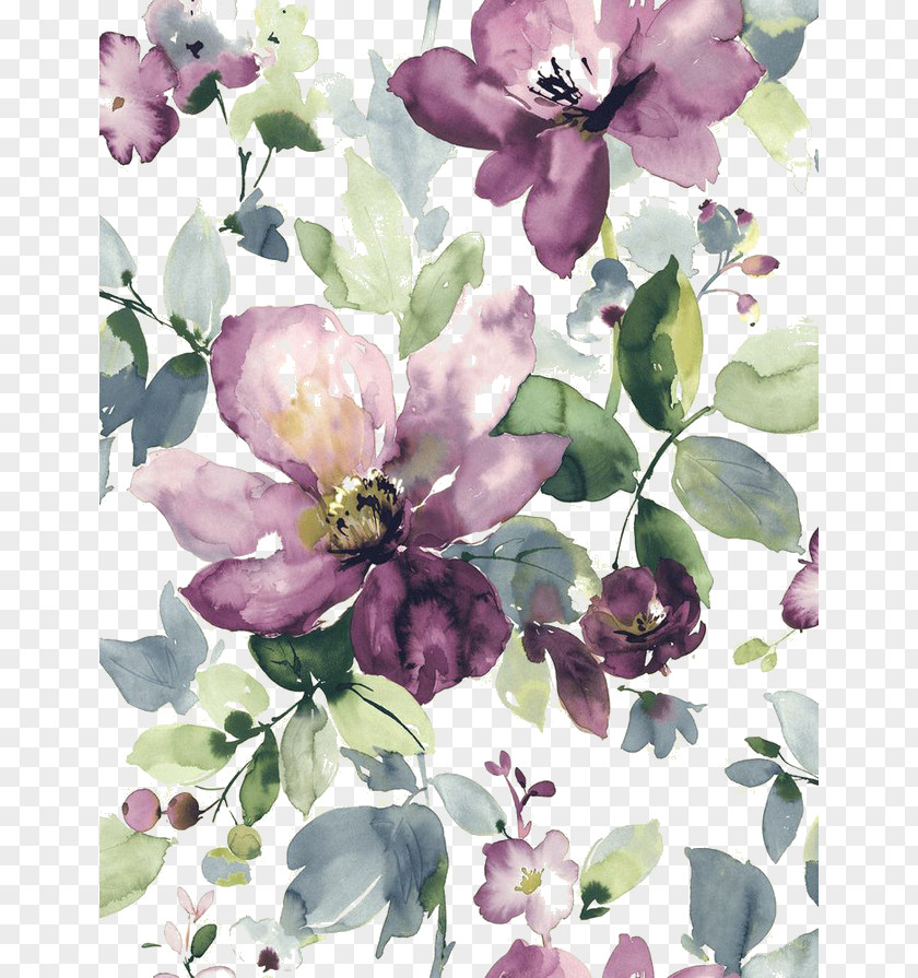Watercolor Painted Purple Flowers Blooming Painting Watercolour Floral Design Wallpaper PNG