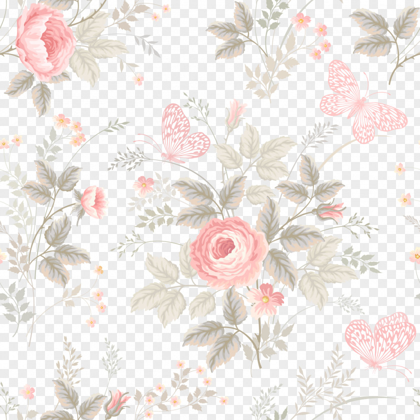 Watercolor Roses And Butterflies Seamless Background Vector Flower Pattern PNG