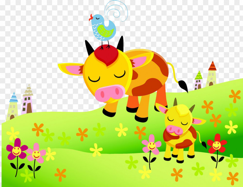 Cow On The Lawn Cattle Cartoon Illustration PNG