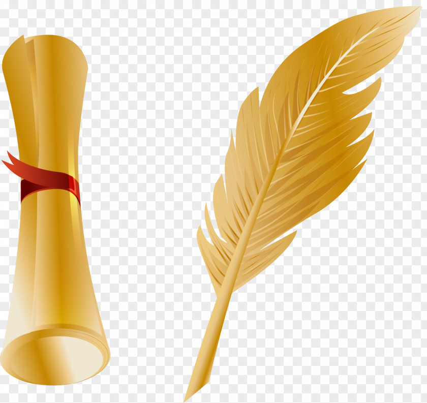 Vector Hand Painted Gold Quill Pen Paper Feather PNG