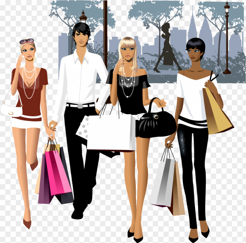 Fashionable Men And Women Shopping Together Bag Fashion Stock Illustration PNG