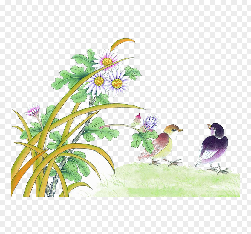 FIG Green Leaves White U56fdu753bu5c71u6c34 U82b1u9ce5u756bu6280u6cd5 Bird-and-flower Painting Gongbi Chinese PNG