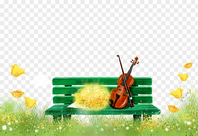Outdoor Flower Wooden Chair Violin Musical Instrument Illustration PNG