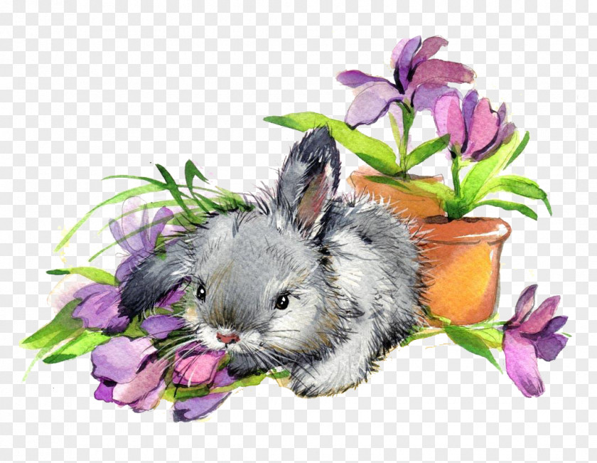 Cartoon Bunny Bugs Funny Rabbit Flowers Drawing Retro PNG