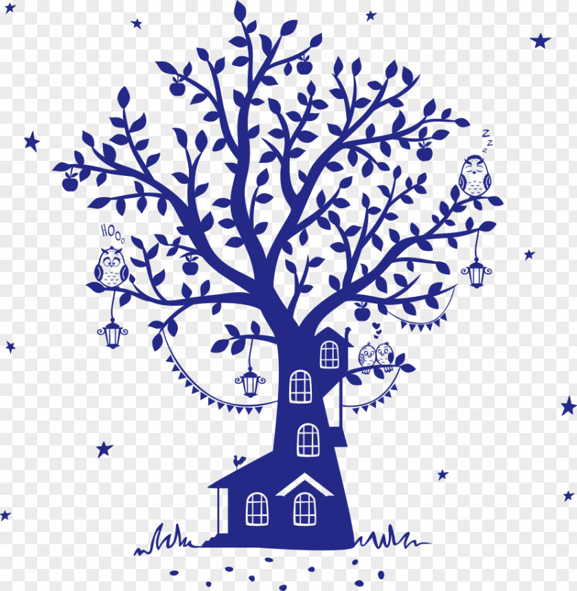Vector Blue Owl Tree House Fairy Tale Wall Decal Silhouette PNG