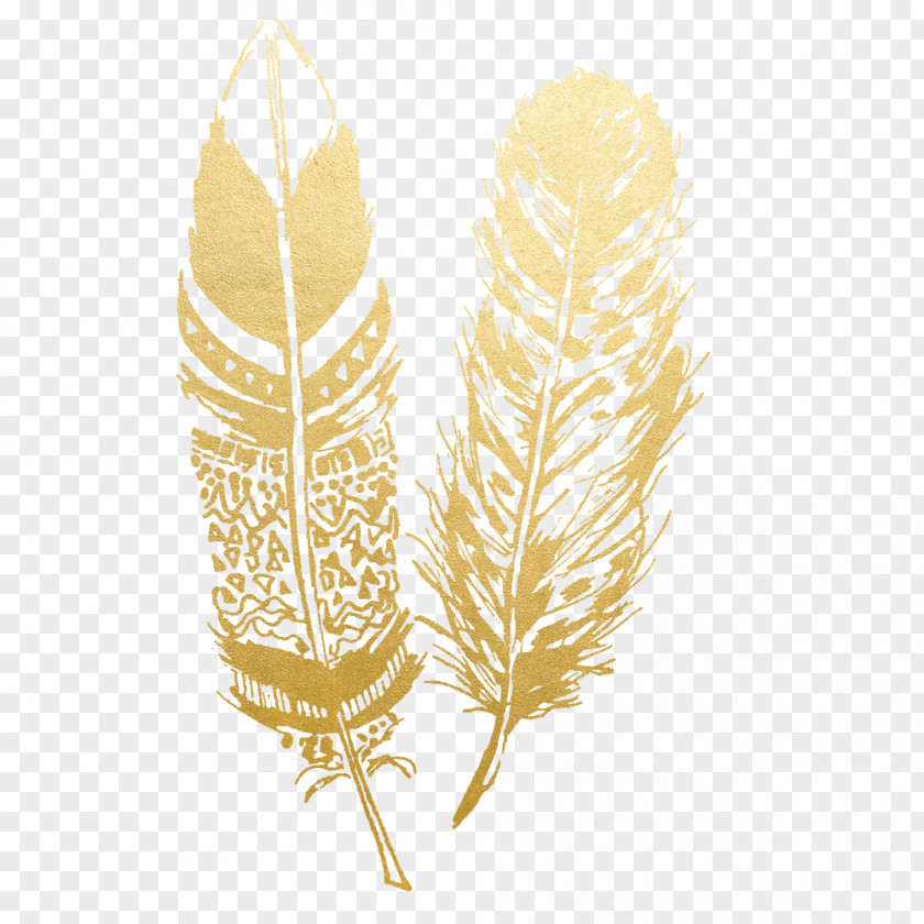 Gold Flower Feather Tattoo Wall Decal PNG