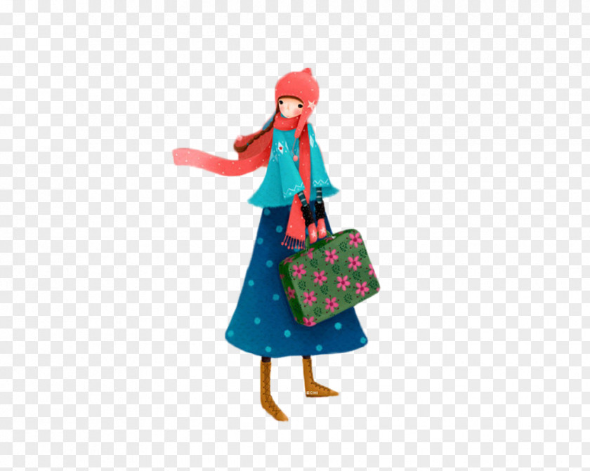 Hand-painted Cartoon Girl's Hand Luggage South Korea Illustrator Photography Wallpaper PNG