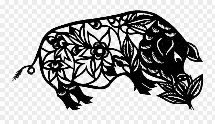 Black Paper-cut Cabbage Zhugong Domestic Pig Papercutting And White PNG