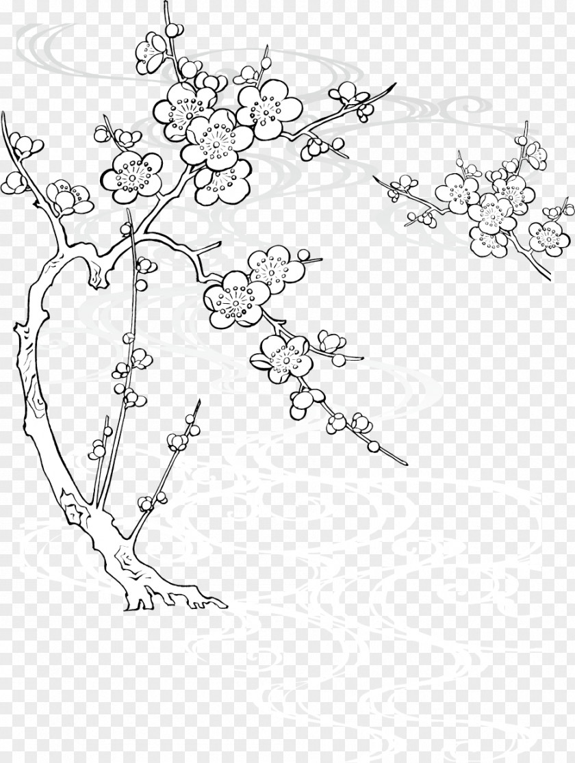 Creative Ink Plum Snow Paper Drawing Cherry Blossom Line Art PNG