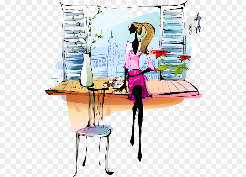 Hand-painted Beautiful Women Interior Design Services Architecture Interieur Illustration PNG