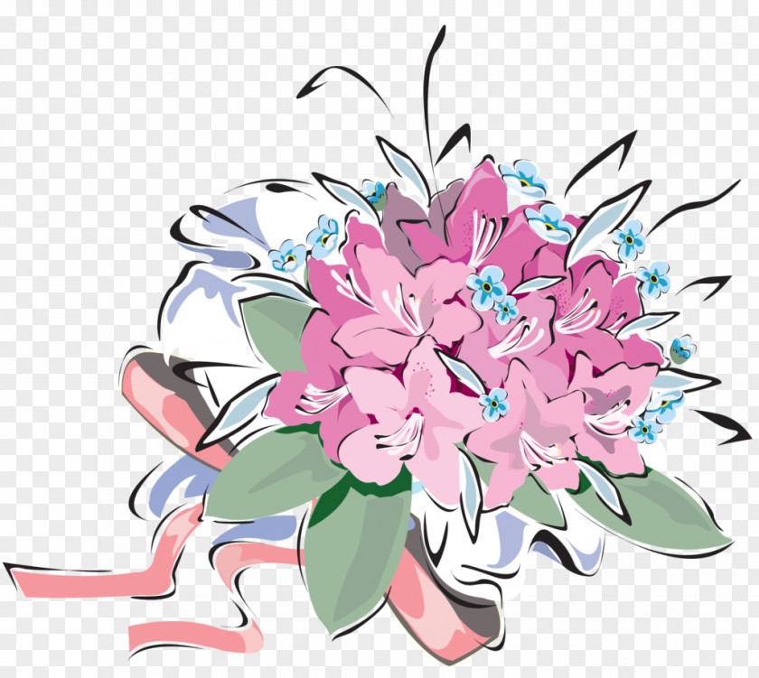 Art Painted Pink Ribbon Bouquet Floral Design Nosegay Flower Illustration PNG